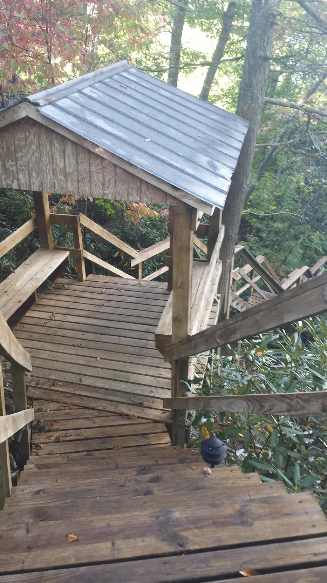 Metal roofed shelter over wooden steps on a wooded walkway — Skylight Repair & Installation work by our crew in Priest River